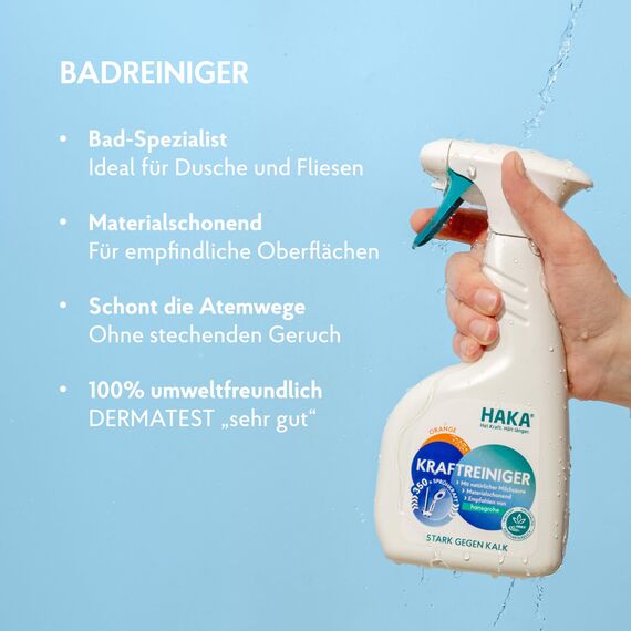HAKA Kraftreiniger Spray, 500ml, Badreiniger, starke Kalk- und Schmutzlösekraft, für Bad und Dusche, umweltfreundlich, Orangenduft, vegan