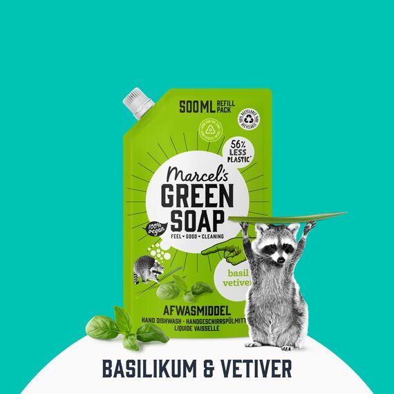 Marcel's Green Soap - Spülmittel Nachfüllpack Basilicum & Vetiver - Geschirrspülmittel Nachfüllpackung - Umweltfreundlich - Vegan - 97% Biologisch abbaubar - 500 ml