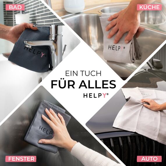 H E L P Y® Putztücher [4er Set] – streifenfreie Fensterputztücher – fusselfreie Reinigung – Microfasertücher für Küche, Bad, Auto & Fenster – hell-/dunkelgrau – 40 x 60