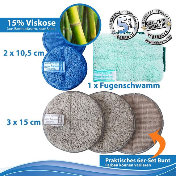 Das Blaue Wunder Booster Premium Allrounder Bunt 6 STK, 2 Seiten Reinigungspad für Küche, Bad, Auto, Garten, Bambusfasern super saugstark, Spülschwamm, Fugenschwamm