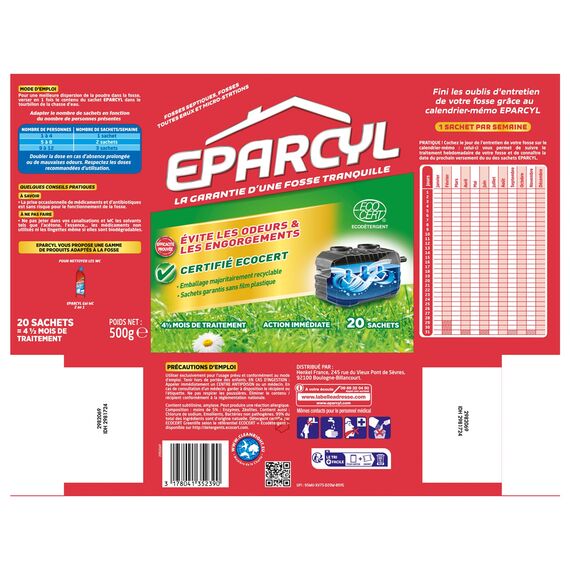 Eparcyl - 20 Beutel – Sofortige Wirkung – 4 Monate und halbe Behandlung – Klärgruben – für alle Wassergruben und Mikro-Stationen – verhindert Gerüche & Verstopfungen – umweltfreundlich &