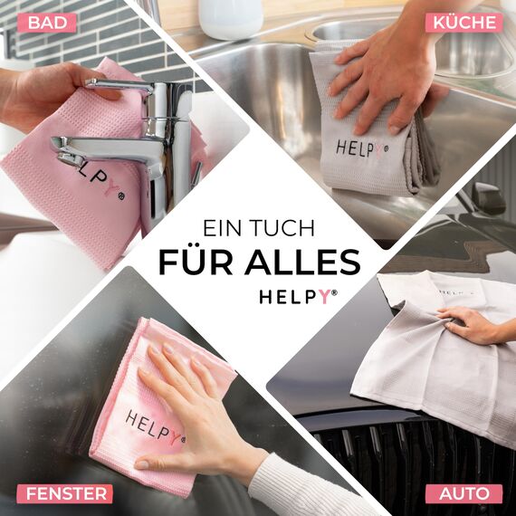 H E L P Y® - Putztücher [2er Set] - streifenfreie Fensterputztücher - fusselfreie Reinigungsergebnisse - Microfasertuch für Küche, Bad, Auto, Fenster - rosa/grau