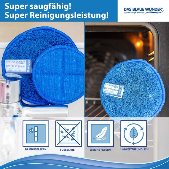 Das Blaue Wunder Booster Premium Allrounder Bunt 6 STK, 2 Seiten Reinigungspad für Küche, Bad, Auto, Garten, Bambusfasern super saugstark, Spülschwamm, Fugenschwamm