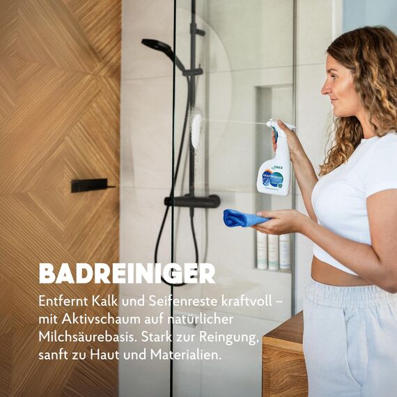 HAKA Kraftreiniger Spray, 3x 500ml, Badreiniger, starke Kalk- und Schmutzlösekraft, für Bad und Dusche, umweltfreundlich, Orangenduft, vegan