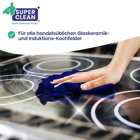 SUPER CLEAN Kochfeldreiniger für alle Glaskeramik und Induktionskochfelder. Inhalt: 250 ml + 2in1 Duo Schwamm. Strahlende Reinigung und Pflege – Kennzeichnungsfrei, Umweltfreundlich.