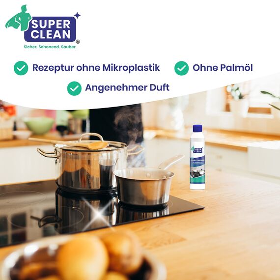 SUPER CLEAN Kochfeldreiniger für alle Glaskeramik und Induktionskochfelder. Inhalt: 250 ml + 2in1 Duo Schwamm. Strahlende Reinigung und Pflege – Kennzeichnungsfrei, Umweltfreundlich.