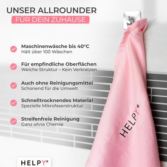 H E L P Y® - Putztücher [2er Set] - streifenfreie Fensterputztücher - fusselfreie Reinigungsergebnisse - Microfasertuch für Küche, Bad, Auto, Fenster - rosa/grau