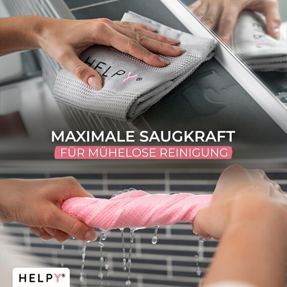 H E L P Y® - Putztücher [2er Set] - streifenfreie Fensterputztücher - fusselfreie Reinigungsergebnisse - Microfasertuch für Küche, Bad, Auto, Fenster - rosa/grau