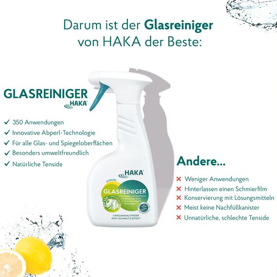 HAKA Glasreiniger Spray, 500 ml, Universal Glas & Flächen Reinigungsmittel, streifenfreier Glanz, gegen Fingerabdrücke, ohne Silikone & Mikroplastik, vegan, umweltfreundlich