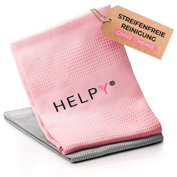 H E L P Y® - Putztücher [2er Set] - streifenfreie Fensterputztücher - fusselfreie Reinigungsergebnisse - Microfasertuch für Küche, Bad, Auto, Fenster - rosa/grau