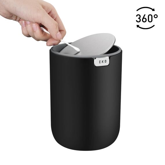 EKO Mini Tischmülleimer mit deckel, 1,5 L Kosmetikeimer Schwarz, Kleiner Tischabfalleimer für Bad, Schreibtisch, Schlafzimmer oder Auto, Mülleimer mit Edelstahl-Sockel, Small Table Bin, Papierkorb