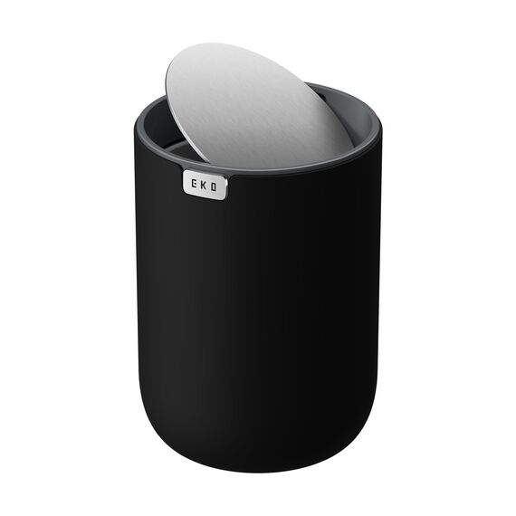 EKO Mini Tischmülleimer mit deckel, 1,5 L Kosmetikeimer Schwarz, Kleiner Tischabfalleimer für Bad, Schreibtisch, Schlafzimmer oder Auto, Mülleimer mit Edelstahl-Sockel, Small Table Bin, Papierkorb