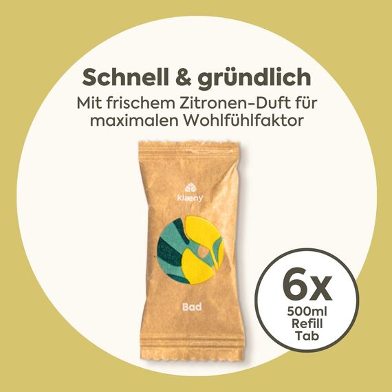 klæny® Nachhaltige Putzmittel Tabs I Refill Tabs Set I 6x Badreiniger Kalk Schmutz I Umweltfreundlich & Vegan I 1 Tab für 500ml Wasser I entfernt 99,9% der Bakterien I Mikroplastikfrei
