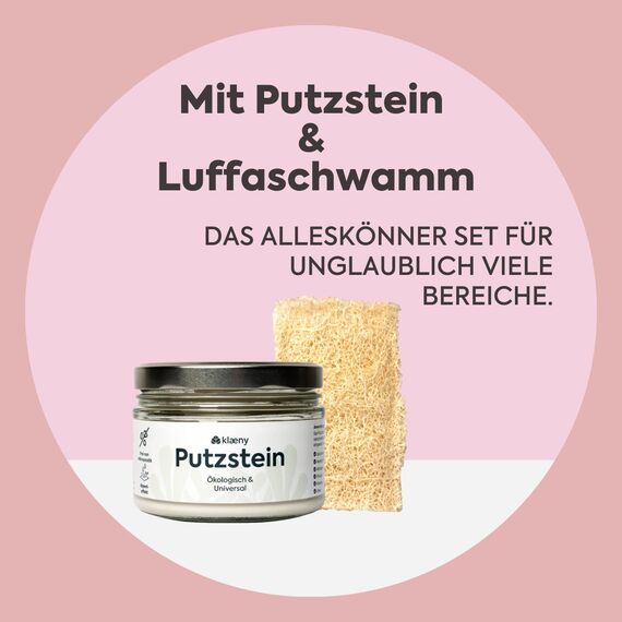 klæny® Nachhaltiger Putzstein Universalreiniger Set I mit Luffaschwamm I ökologisches Reinigungsmittel fürs Haus I Umweltfreundlich & Vegan I Allzweckreiniger Putzmittel I Mikroplastikfrei I 350 g