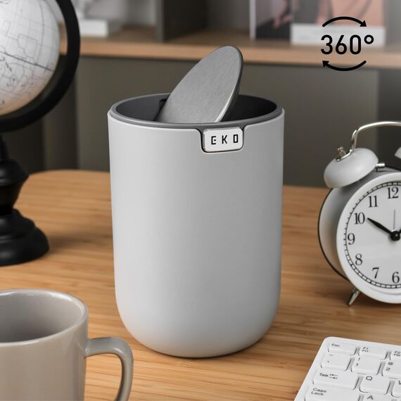 EKO Mini Tischmülleimer mit Schwingdeckel, 1,5 Liter Kosmetikeimer, kleiner Schreibtisch-Mülleimer, runder Tischabfalleimer für Büro, Bad, Schreibtisch, Schlafzimmer (Grau)