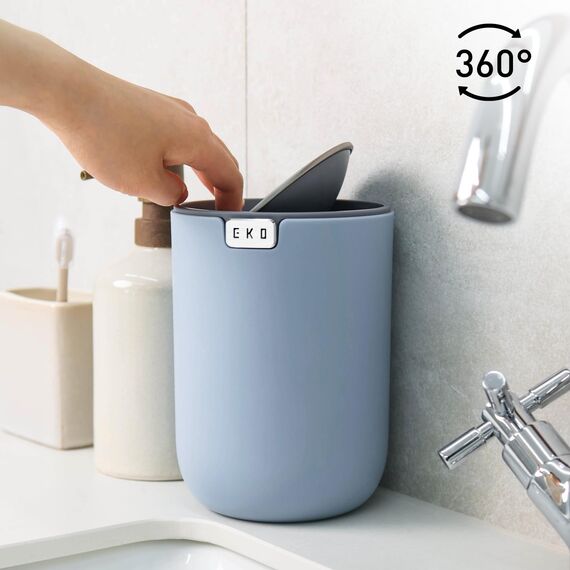 EKO Mini Tischmülleimer mit Schwingdeckel, 1,5 Liter Kosmetikeimer, kleiner Schreibtisch-Mülleimer, runder Tischabfalleimer für Büro, Bad, Schreibtisch, Schlafzimmer (Blau)