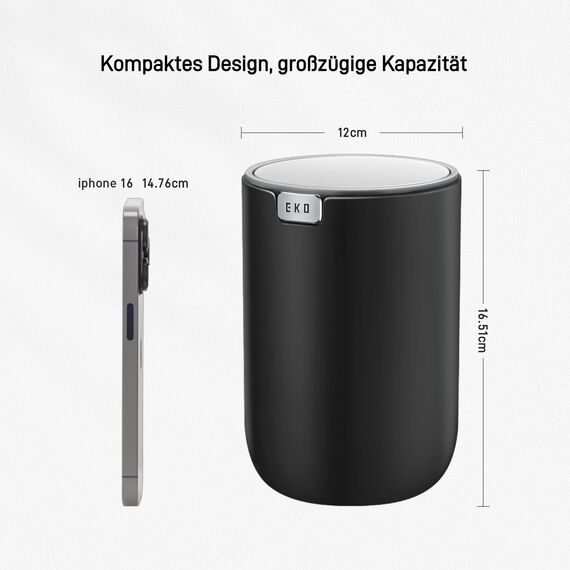 EKO Mini Tischmülleimer mit deckel, 1,5 L Kosmetikeimer Schwarz, Kleiner Tischabfalleimer für Bad, Schreibtisch, Schlafzimmer oder Auto, Mülleimer mit Edelstahl-Sockel, Small Table Bin, Papierkorb
