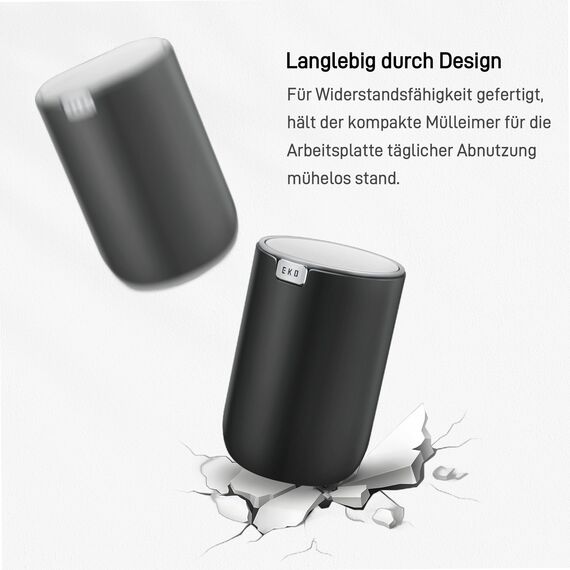 EKO Mini Tischmülleimer mit deckel, 1,5 L Kosmetikeimer Schwarz, Kleiner Tischabfalleimer für Bad, Schreibtisch, Schlafzimmer oder Auto, Mülleimer mit Edelstahl-Sockel, Small Table Bin, Papierkorb