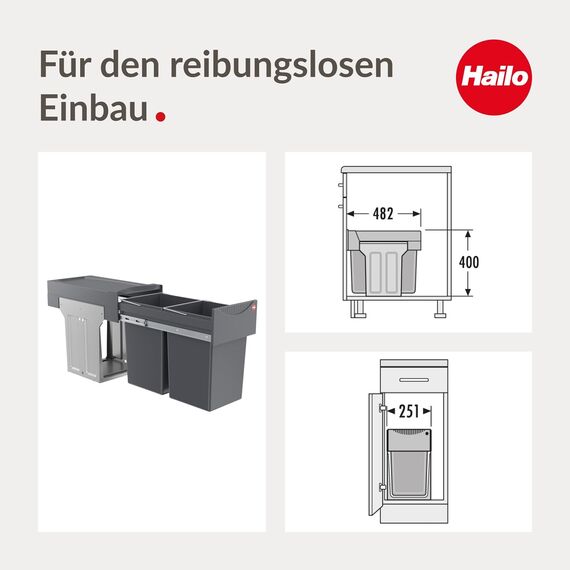 Hailo Tandem 3666101 – Einbau-Abfallsammler für Küchenschränke ab 30 cm, 2×15 L, Vollauszug mit Teleskopschienen, Mülltrennungssystem, Dunkelgrau