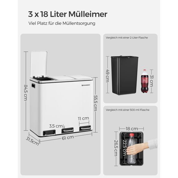 SONGMICS Mülleimer Küche, 3 x 18 L, Mülltrennsystem 3 Fächer, inklusive 15 Müllbeutel, Abfalleimer, Treteimer, für recycelbare Abfälle, Biomüll, mit Deckel, wolkenweiß LTB54WT