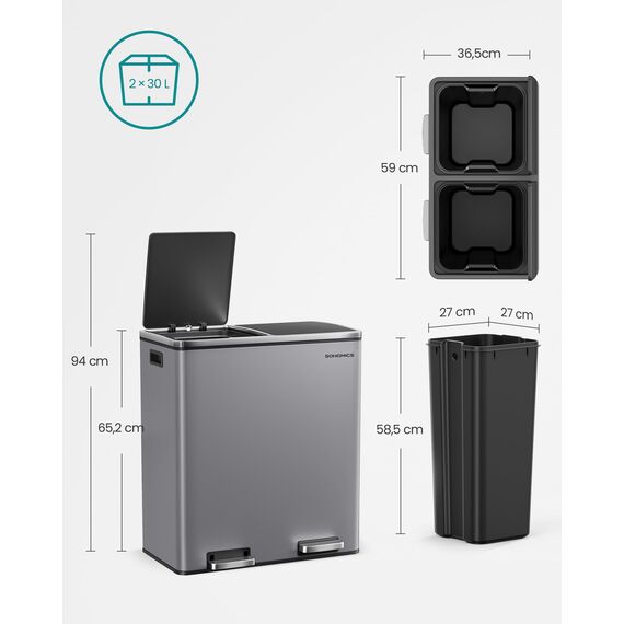 SONGMICS Mülleimer, 2 x 30 Liter, 2 Fächer, Mülltrennsystem, Treteimer, Abfalleimer Küche, 15 Müllsäcke, Metall, Inneneimer aus Kunststoff, Klappdeckel, Softclose, luftdicht, schiefergrau LTB060G01