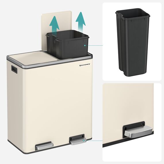 SONGMICS Mülleimer, 2 x 30 Liter, 2 Fächer, Mülltrennsystem, Treteimer, Abfalleimer Küche, 15 Müllsäcke, Metall, Inneneimer aus Kunststoff, Klappdeckel, Softclose, luftdicht, mandelfarben LTB060A01