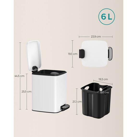SONGMICS Kosmetikeimer, 6 Liter, Mülleimer Bad, kleiner Abfalleimer, Tretmülleimer, mit Pedal, für kleine Räume, mit Deckel, Softclose, Stahl, weiß LTB590W0602