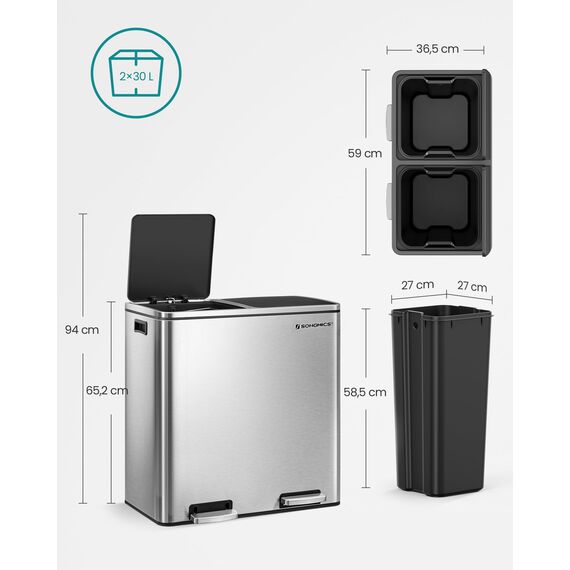 SONGMICS Mülleimer, 2 x 30 Liter, 2 Fächer, Mülltrennsystem, Treteimer, Abfalleimer Küche, 15 Müllsäcke, Metall, Inneneimer aus Kunststoff, Klappdeckel, Softclose, luftdicht, silbern-schwarz LTB60NL
