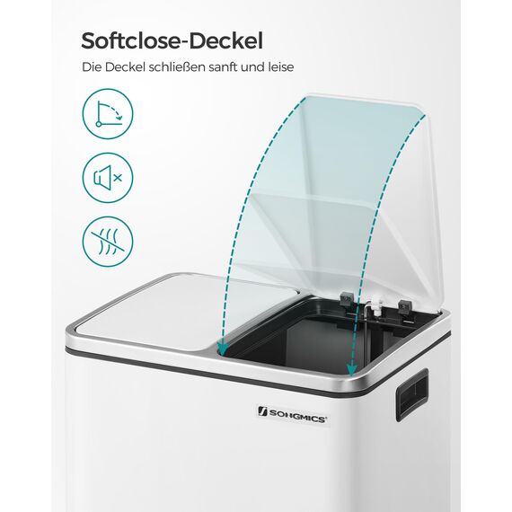 SONGMICS Mülleimer Küche, 2 x 15 Liter, Mülltrennsystem 2 Fächer, inklusive 15 Müllbeutel, Abfalleimer, Treteimer, recycelbare Abfälle, Biomüll, Softclose-Deckel, wolkenweiß LTB30WT