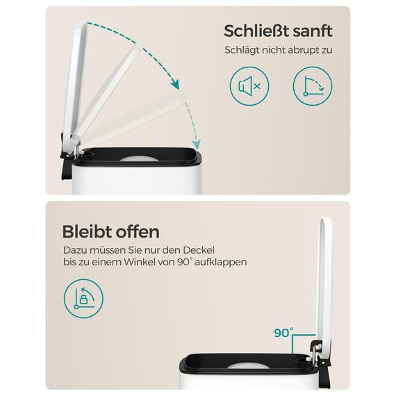 SONGMICS Kosmetikeimer, 8 Liter, Mülleimer Bad, kleiner Abfalleimer, Tretmülleimer, mit Pedal, für kleine Räume, mit Deckel, Softclose, Stahl, weiß LTB591W0802