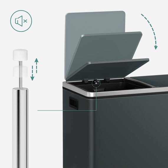 SONGMICS Mülleimer, 2 x 30 Liter, 2 Fächer, Mülltrennsystem, Treteimer, Abfalleimer Küche, 15 Müllsäcke, Metall, Inneneimer aus Kunststoff, Klappdeckel, Softclose, luftdicht, grüngrau LTB60GS