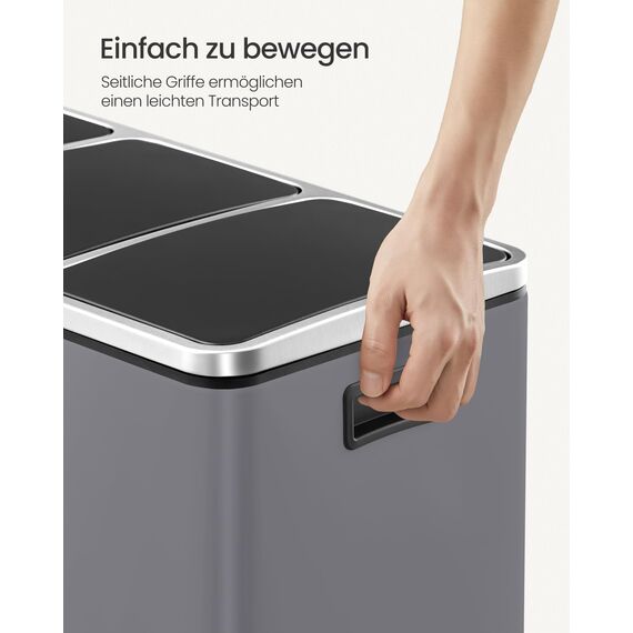 SONGMICS Mülleimer Küche, 3 x 18 L, Mülltrennsystem 3 Fächer, inklusive 15 Müllbeutel, Abfalleimer, Treteimer, für recycelbare Abfälle, Biomüll, mit Deckel, mattgrau LTB054G01