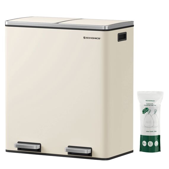 SONGMICS Mülleimer, 2 x 30 Liter, 2 Fächer, Mülltrennsystem, Treteimer, Abfalleimer Küche, 15 Müllsäcke, Metall, Inneneimer aus Kunststoff, Klappdeckel, Softclose, luftdicht, mandelfarben LTB060A01