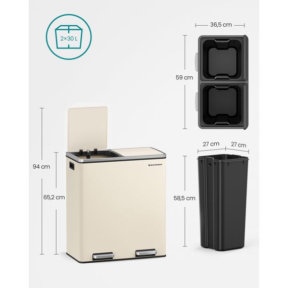 SONGMICS Mülleimer, 2 x 30 Liter, 2 Fächer, Mülltrennsystem, Treteimer, Abfalleimer Küche, 15 Müllsäcke, Metall, Inneneimer aus Kunststoff, Klappdeckel, Softclose, luftdicht, mandelfarben LTB060A01