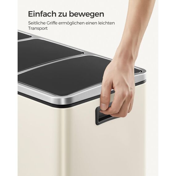 SONGMICS Mülleimer Küche, 3 x 18 L, Mülltrennsystem 3 Fächer, inklusive 15 Müllbeutel, Abfalleimer, Treteimer, für recycelbare Abfälle, Biomüll, mit Deckel, sandbeige LTB054A02