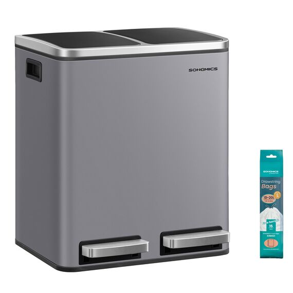 SONGMICS Mülleimer Küche, 2 x 15 Liter, Mülltrennsystem 2 Fächer, inklusive 15 Müllbeutel, Abfalleimer, Treteimer, recycelbare Abfälle, Biomüll, Softclose-Deckel, mattgrau LTB030G01
