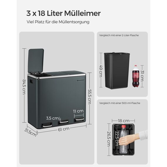 SONGMICS Mülleimer Küche, 3 x 18 L, Mülltrennsystem 3 Fächer, inklusive 15 Müllbeutel, Abfalleimer, Treteimer, für recycelbare Abfälle, Biomüll, mit Deckel, grüngrau LTB54GS