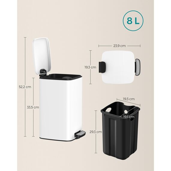 SONGMICS Kosmetikeimer, 8 Liter, Mülleimer Bad, kleiner Abfalleimer, Tretmülleimer, mit Pedal, für kleine Räume, mit Deckel, Softclose, Stahl, weiß LTB591W0802