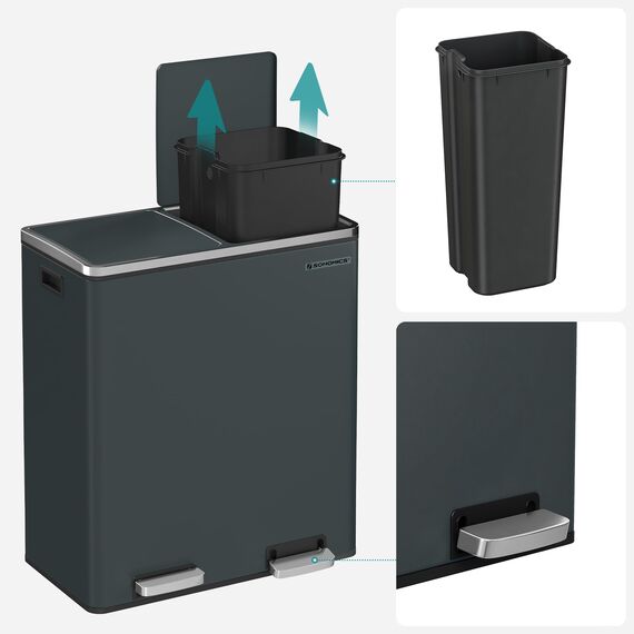 SONGMICS Mülleimer, 2 x 30 Liter, 2 Fächer, Mülltrennsystem, Treteimer, Abfalleimer Küche, 15 Müllsäcke, Metall, Inneneimer aus Kunststoff, Klappdeckel, Softclose, luftdicht, grüngrau LTB60GS