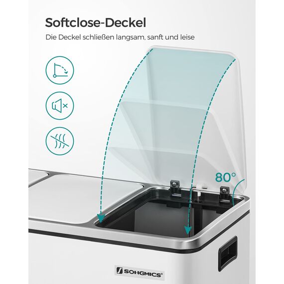 SONGMICS Mülleimer Küche, 3 x 18 L, Mülltrennsystem 3 Fächer, inklusive 15 Müllbeutel, Abfalleimer, Treteimer, für recycelbare Abfälle, Biomüll, mit Deckel, wolkenweiß LTB54WT