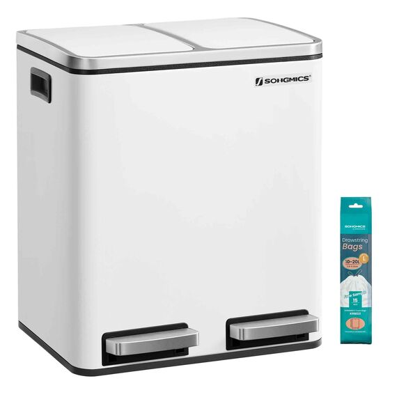 SONGMICS Mülleimer Küche, 2 x 15 Liter, Mülltrennsystem 2 Fächer, inklusive 15 Müllbeutel, Abfalleimer, Treteimer, recycelbare Abfälle, Biomüll, Softclose-Deckel, wolkenweiß LTB30WT