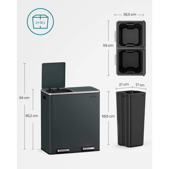 SONGMICS Mülleimer, 2 x 30 Liter, 2 Fächer, Mülltrennsystem, Treteimer, Abfalleimer Küche, 15 Müllsäcke, Metall, Inneneimer aus Kunststoff, Klappdeckel, Softclose, luftdicht, grüngrau LTB60GS