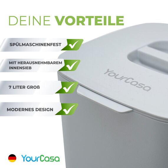 YourCasa Biomülleimer Küche 7L - Komposteimer mit herausnehmbarem Sieb & Deckel - geruchsdicht, spülmaschinenfest & ohne Biomülltüten - Bio Mülleimer für selteneres Entleeren (Grau)