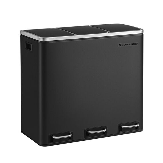 SONGMICS Mülleimer Küche, 3 x 18 L, Mülltrennsystem 3 Fächer, inklusive 15 Müllbeutel, Abfalleimer, Treteimer, für recycelbare Abfälle, Biomüll, mit Deckel, tintenschwarz LTB54BK