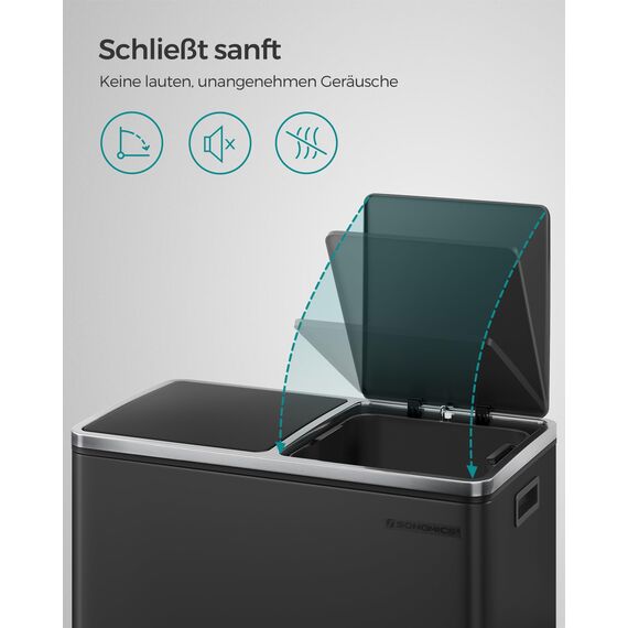 SONGMICS Mülleimer, 2 x 30 Liter, 2 Fächer, Mülltrennsystem, Treteimer, Abfalleimer Küche, 15 Müllsäcke, Metall, Inneneimer aus Kunststoff, Klappdeckel, Softclose, luftdicht, schwarz LTB60BK