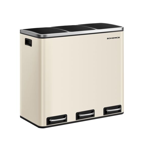 SONGMICS Mülleimer Küche, 3 x 18 L, Mülltrennsystem 3 Fächer, inklusive 15 Müllbeutel, Abfalleimer, Treteimer, für recycelbare Abfälle, Biomüll, mit Deckel, sandbeige LTB054A02