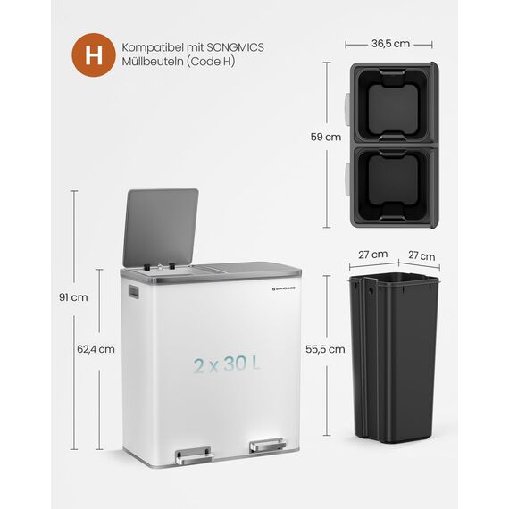 SONGMICS Mülleimer, 2 x 30 Liter, 2 Fächer, Mülltrennsystem, Treteimer, Abfalleimer Küche, 15 Müllsäcke, Metall, Inneneimer aus Kunststoff, Klappdeckel, Softclose, luftdicht, weiß-grau LTB60WT