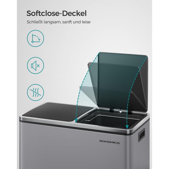 SONGMICS Mülleimer, 2 x 30 Liter, 2 Fächer, Mülltrennsystem, Treteimer, Abfalleimer Küche, 15 Müllsäcke, Metall, Inneneimer aus Kunststoff, Klappdeckel, Softclose, luftdicht, schiefergrau LTB060G01