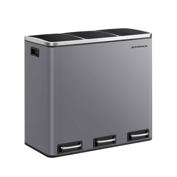 SONGMICS Mülleimer Küche, 3 x 18 L, Mülltrennsystem 3 Fächer, inklusive 15 Müllbeutel, Abfalleimer, Treteimer, für recycelbare Abfälle, Biomüll, mit Deckel, mattgrau LTB054G01