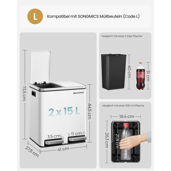 SONGMICS Mülleimer Küche, 2 x 15 Liter, Mülltrennsystem 2 Fächer, inklusive 15 Müllbeutel, Abfalleimer, Treteimer, recycelbare Abfälle, Biomüll, Softclose-Deckel, wolkenweiß LTB30WT